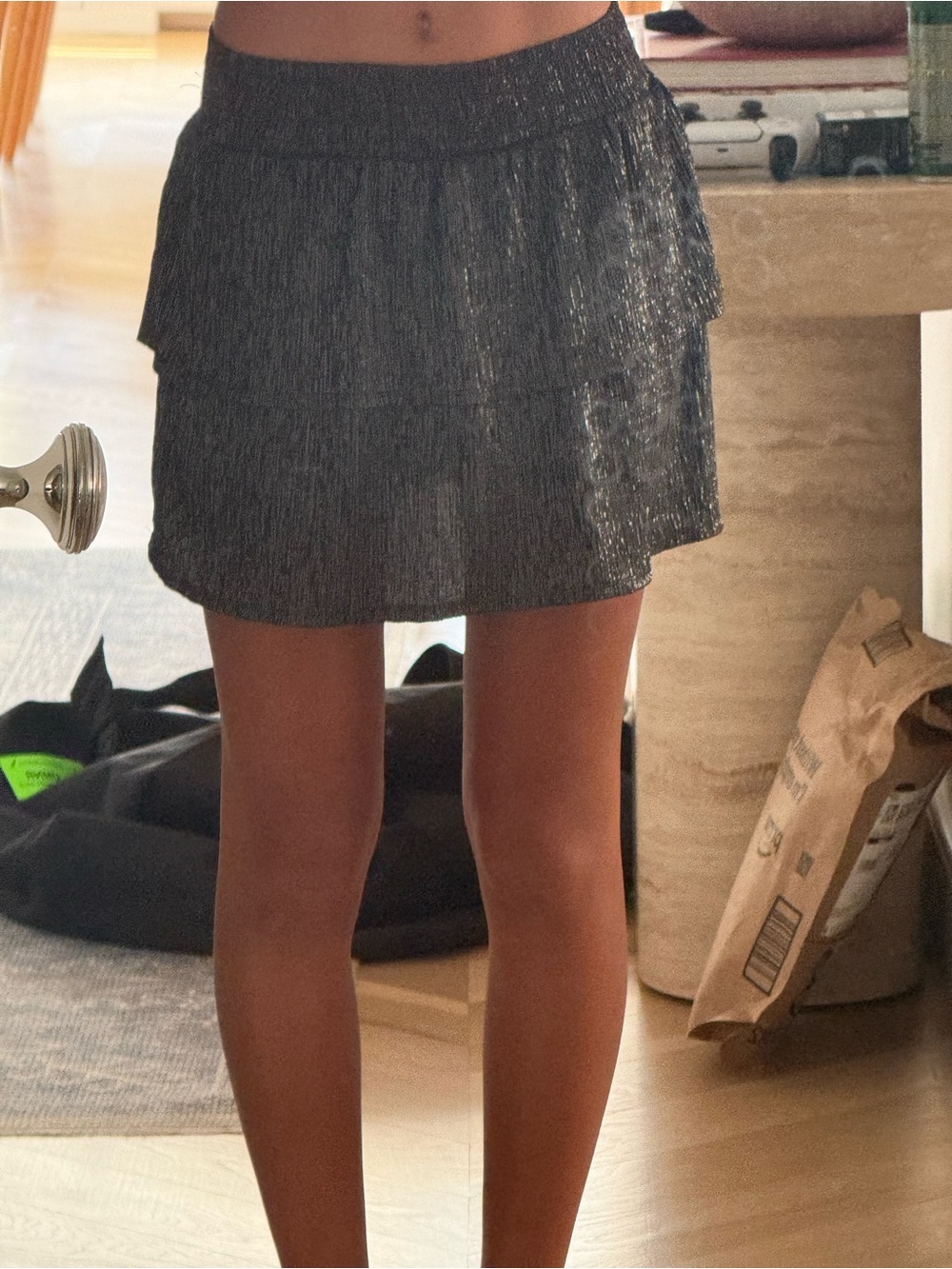 Aqua Metallic Silver Tiered Mini Skirt